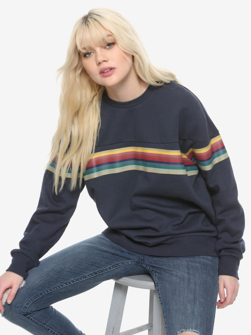 Her Universe Navy Crewneck Sweatshirt with Rainbow Stripe